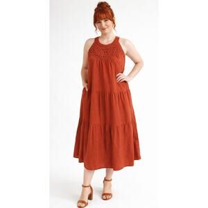 BTFBM Women's Sleeveless Midi Dress Large Burnt Orange Crocheted Ruffled Boho